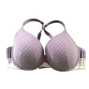 Cacique Plunge Underwire Purple Printed Bra 44D W/Lace & Push Up Cups Feminine